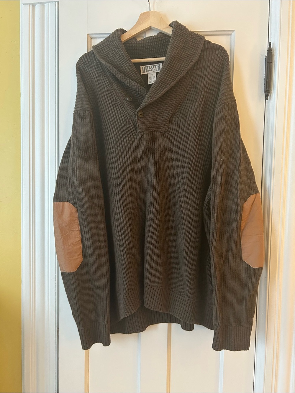 Duluth Trading Co Brown Shawl Collar Sweater with Tan Elbow Patches